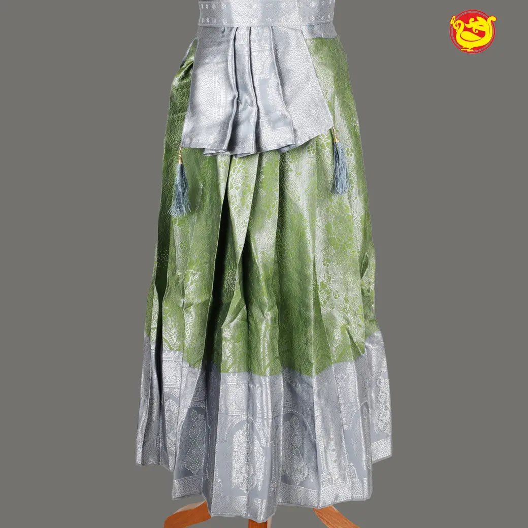 Silver with apple green Girls & Women Branded Readymade Pattu Gown - Thenianantham