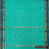 Teal Green Small Checked Pattern Pure Cotton Saree without Blous