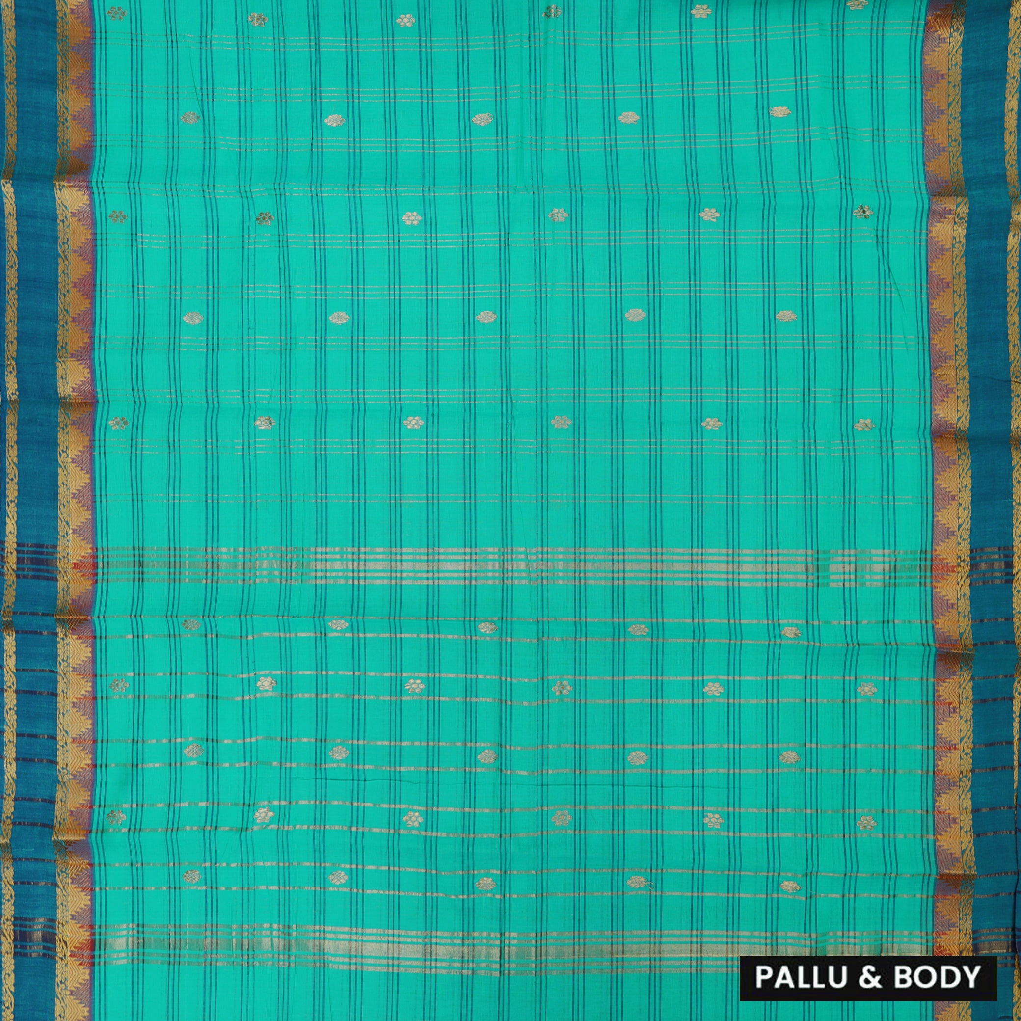 Teal Green Small Checked Pattern Pure Cotton Saree without Blous