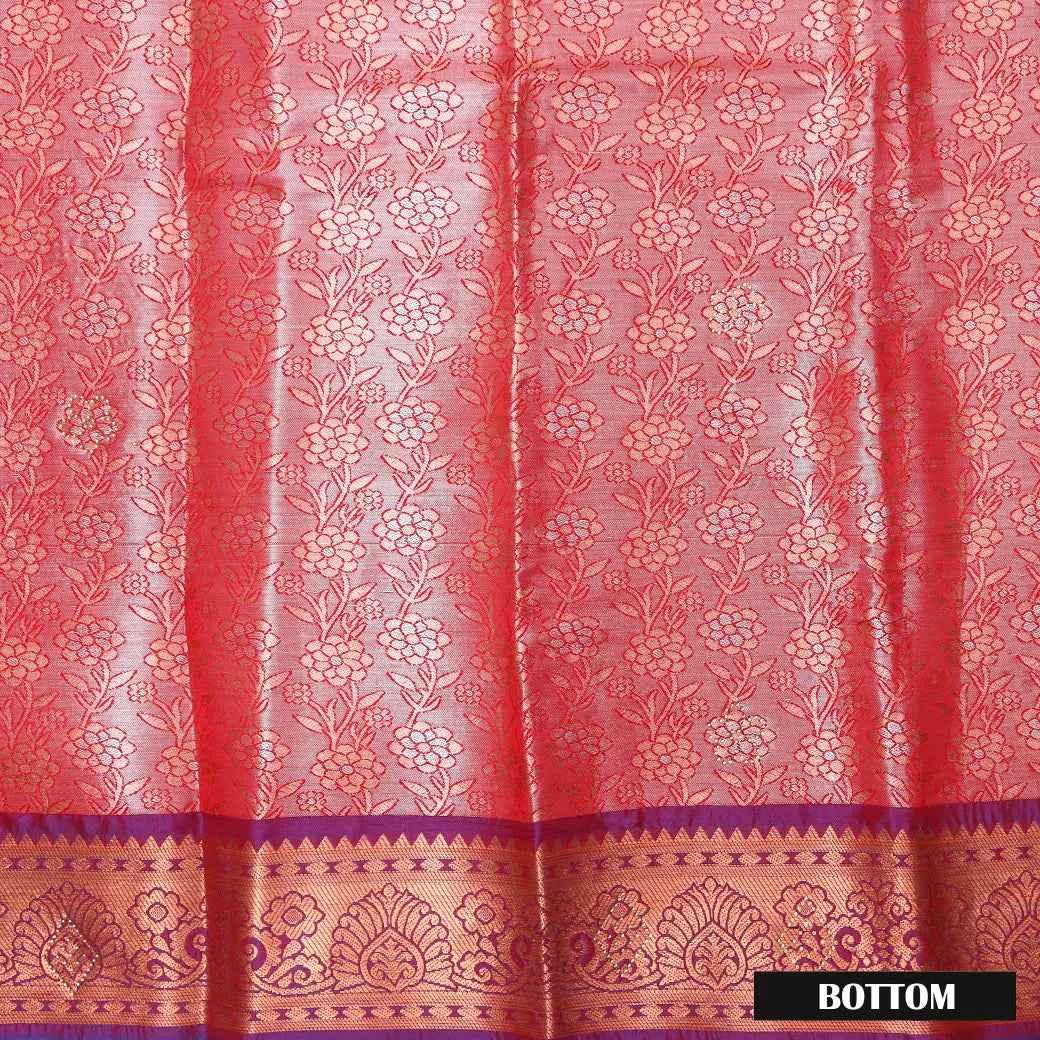Peach Pink With Purple Border Floral Design Traditional  Pattu Pavadai Material