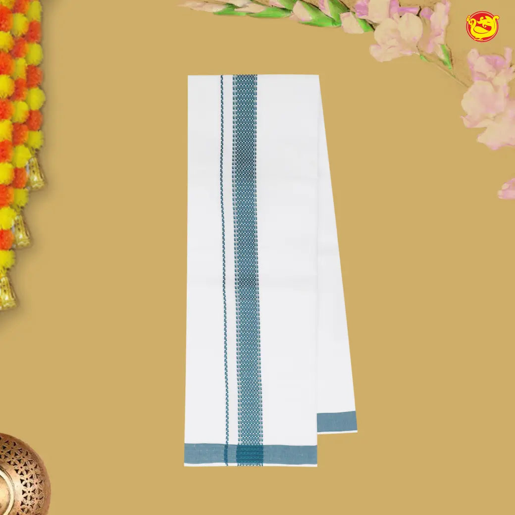 Vivid Bluish Green With White Readymade Shirt And Matching Border Dhoti Set for Men