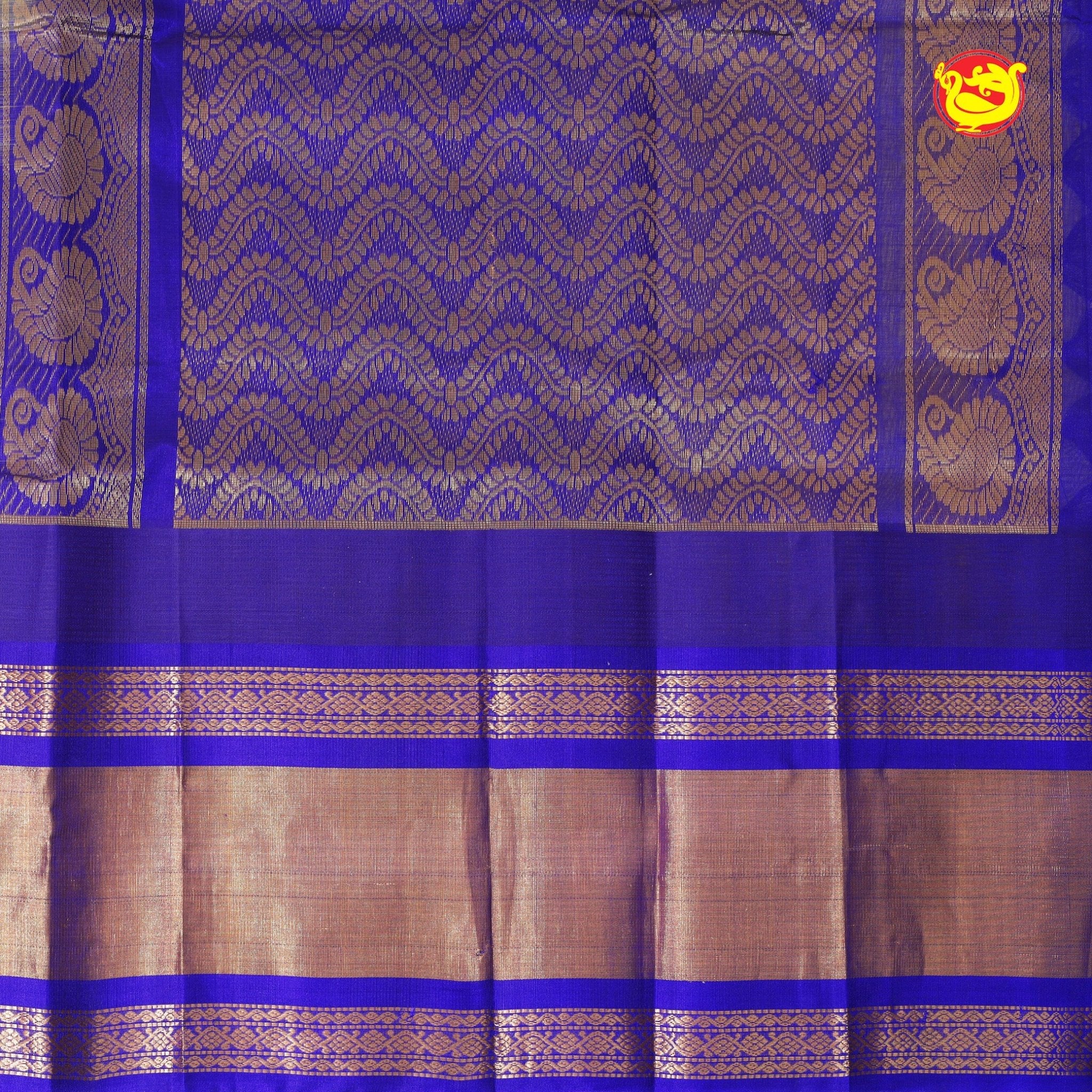 Lemon Yellow and Dark Blue With Gold Zari Floral Buttas Pure Silk Cotton Saree - Thenianantham