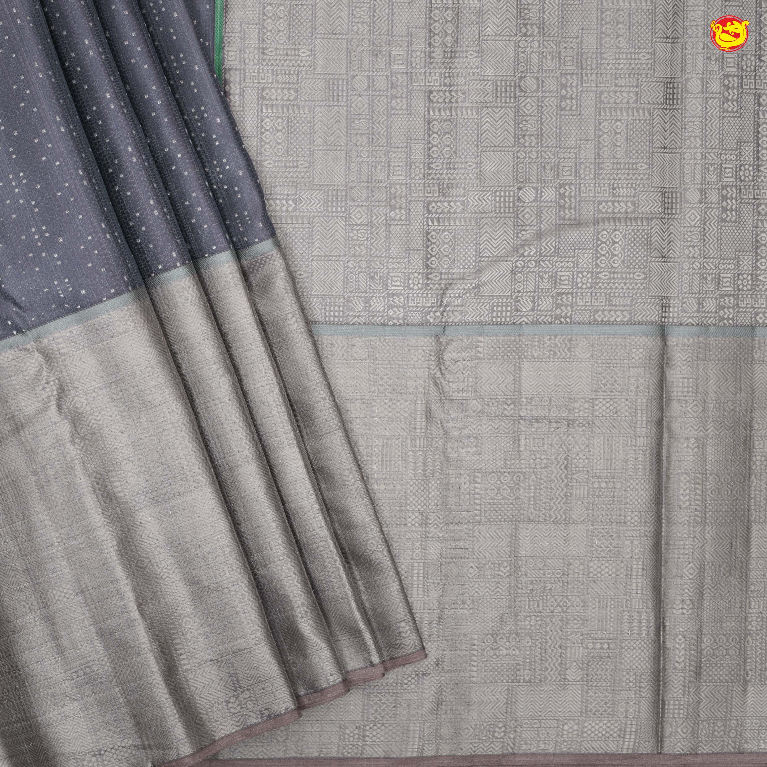 Dark Grey With Silver Brocade Weaves Silver Zari Long Border Pure Kanjivaram Wedding Silk Saree