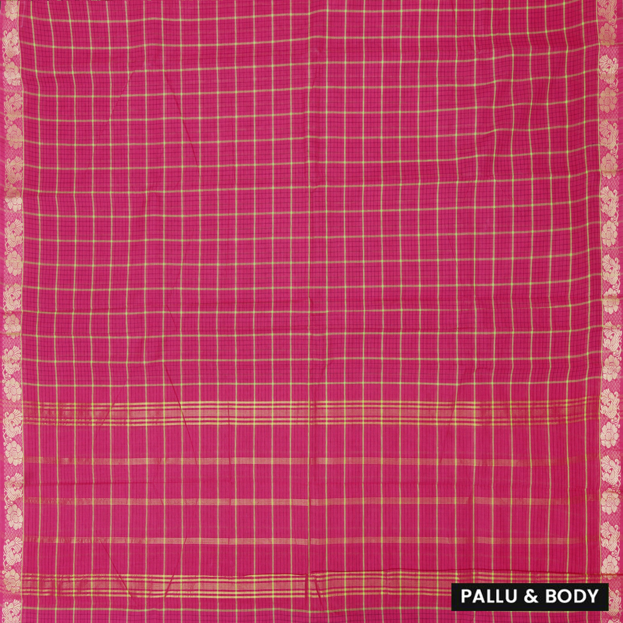 Dark Pink Small Checked Pattern Pure Chettinad Cotton Saree without Blouse