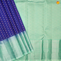 Blue With Pista Green Gold And Silver Floral Buttas Motifs and Stripes Silver Zari Border Yuvana Pure Soft Silk Saree - Thenianantham