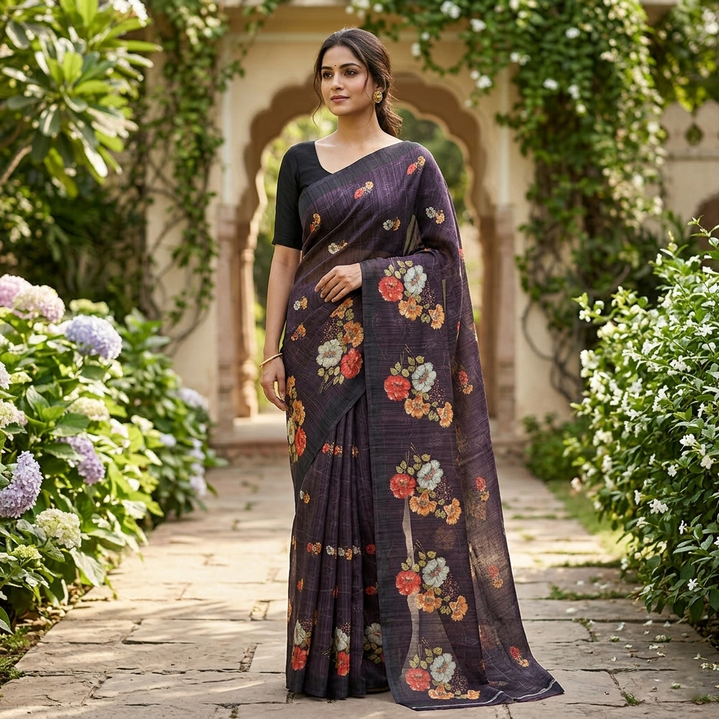 Drake Brown with Floral Design Trendy Tissue Fancy Saree
