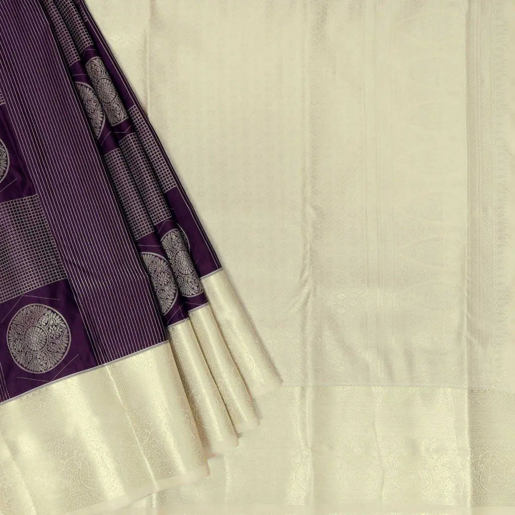 Deep Purple with Off White Soft Silk Saree ‬