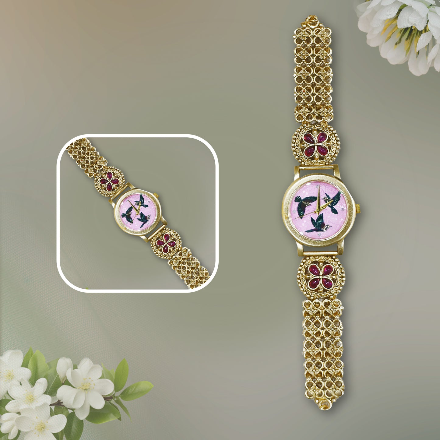 Antique Trending Jadau and Birds Design Watch