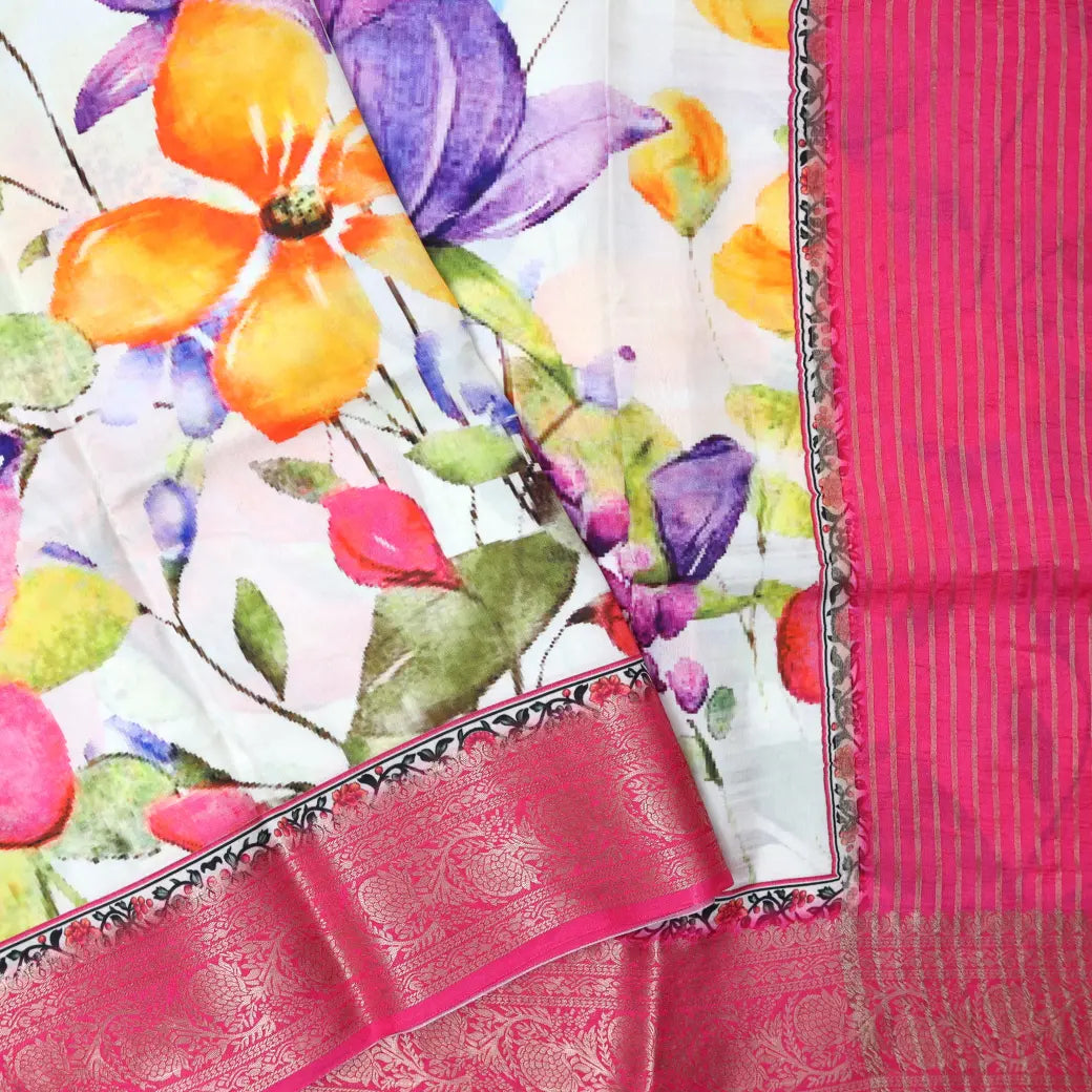 White with Pink Floral Design Dola Silk Saree
