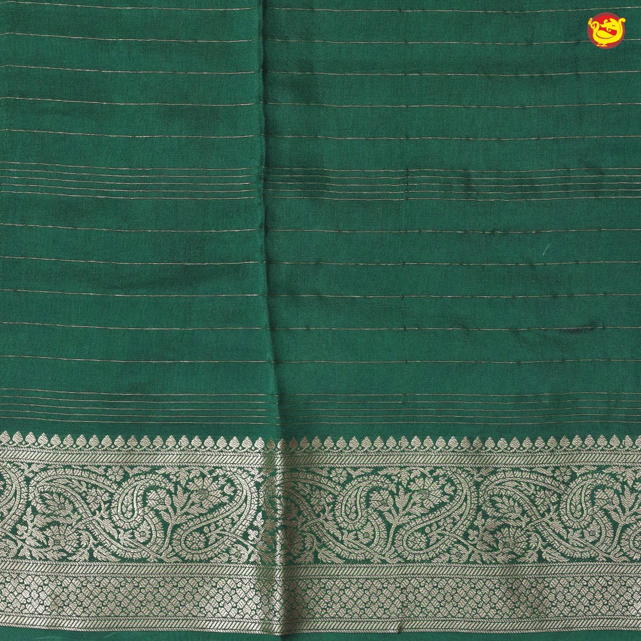 Unique Green Pure Chanderi Silk Saree with Stripes and Digital Art Floral Motifs and Gold Zari Border - Thenianantham