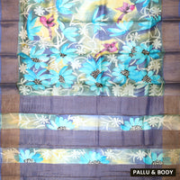 Pure Tussar Silk Saree Multi Colour With Floral Design and Painted Prints and Zari Woven Border