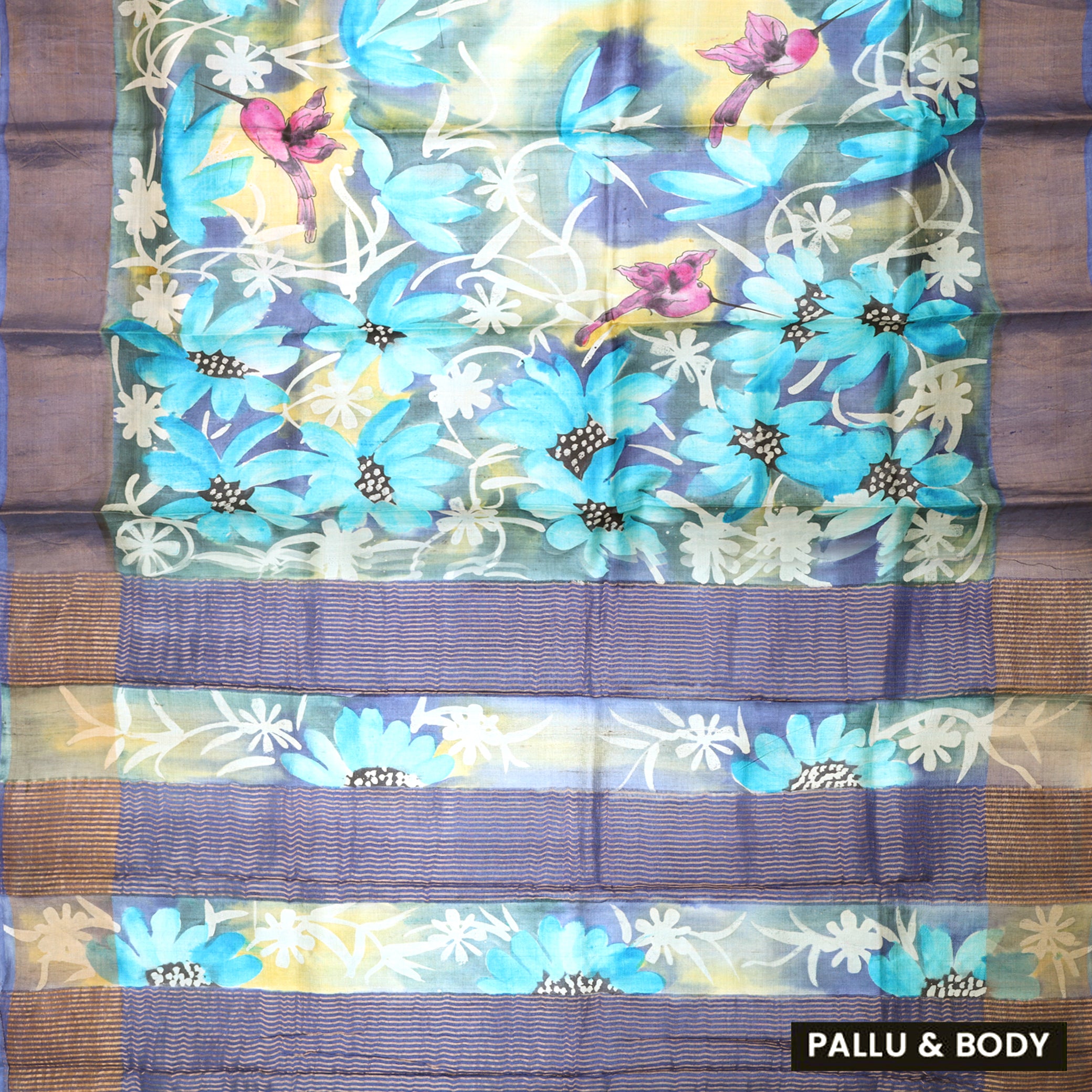 Pure Tussar Silk Saree Multi Colour With Floral Design and Painted Prints and Zari Woven Border