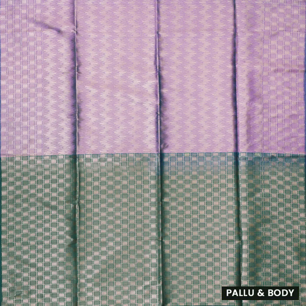 Lavender Purple With Bottle Green with Silver Zari checksc Soft Silk
