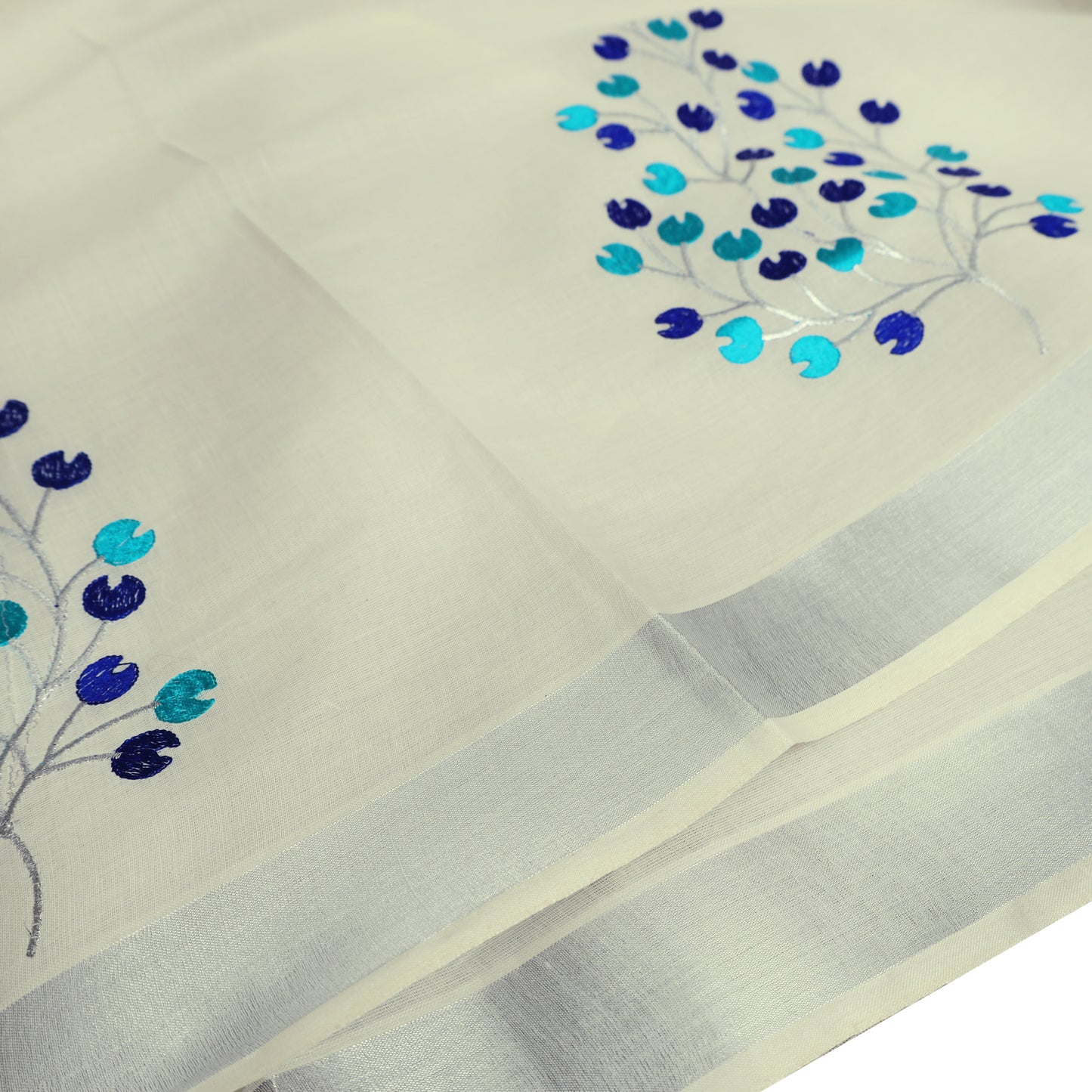 Off White With Skyblue and blue Thread Embroidery  traditional kerala onam saree