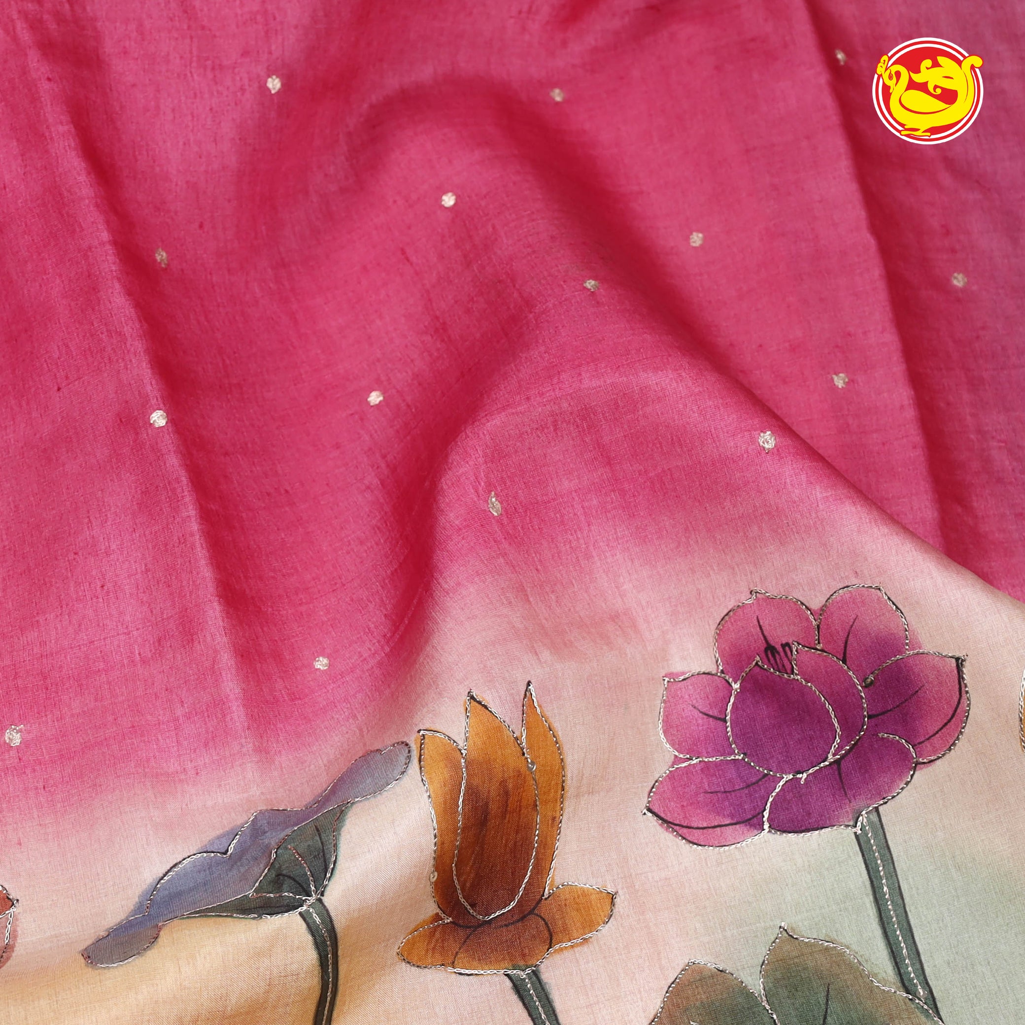 Pink with half white hand painted tussar saree