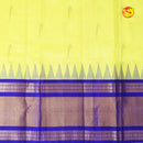 Lemon Yellow and Dark Blue With Gold Zari Floral Buttas Pure Silk Cotton Saree - Thenianantham