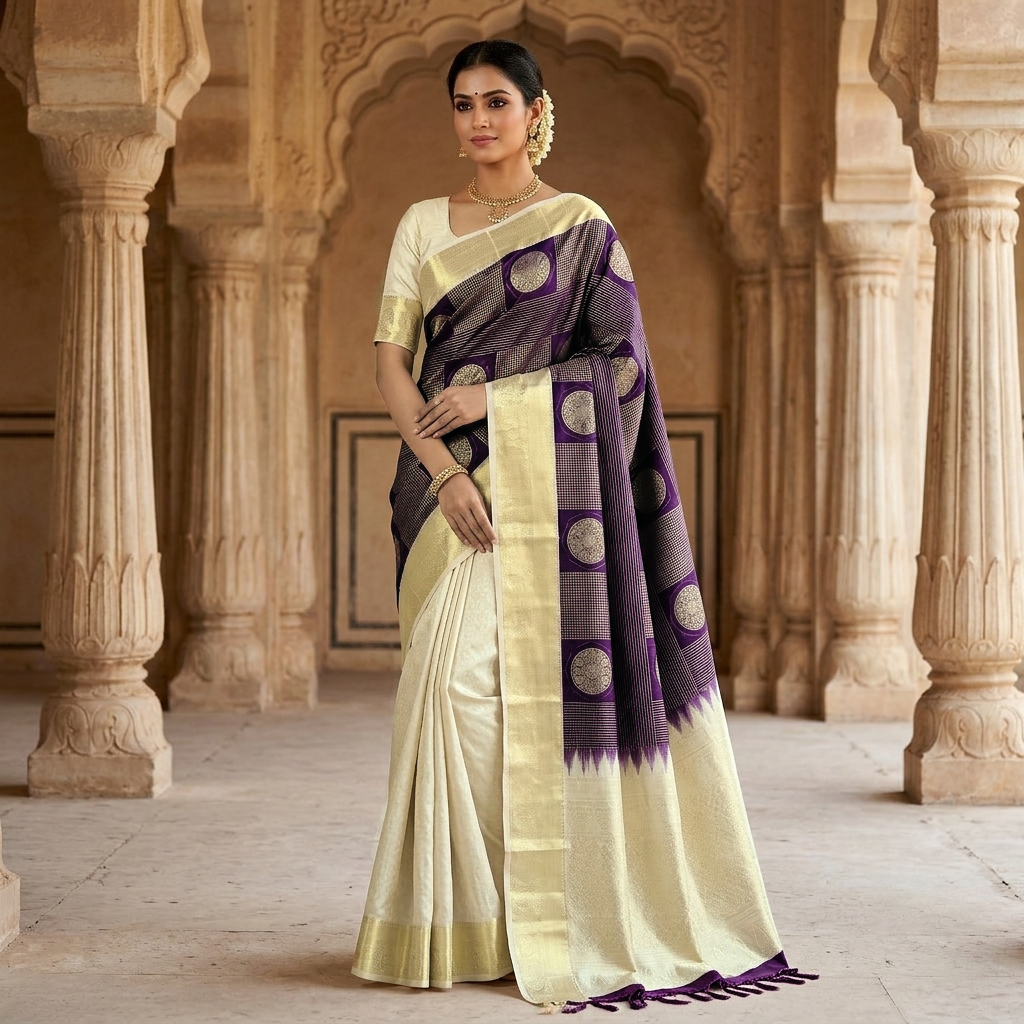 Deep Purple with Off White Soft Silk Saree ‬