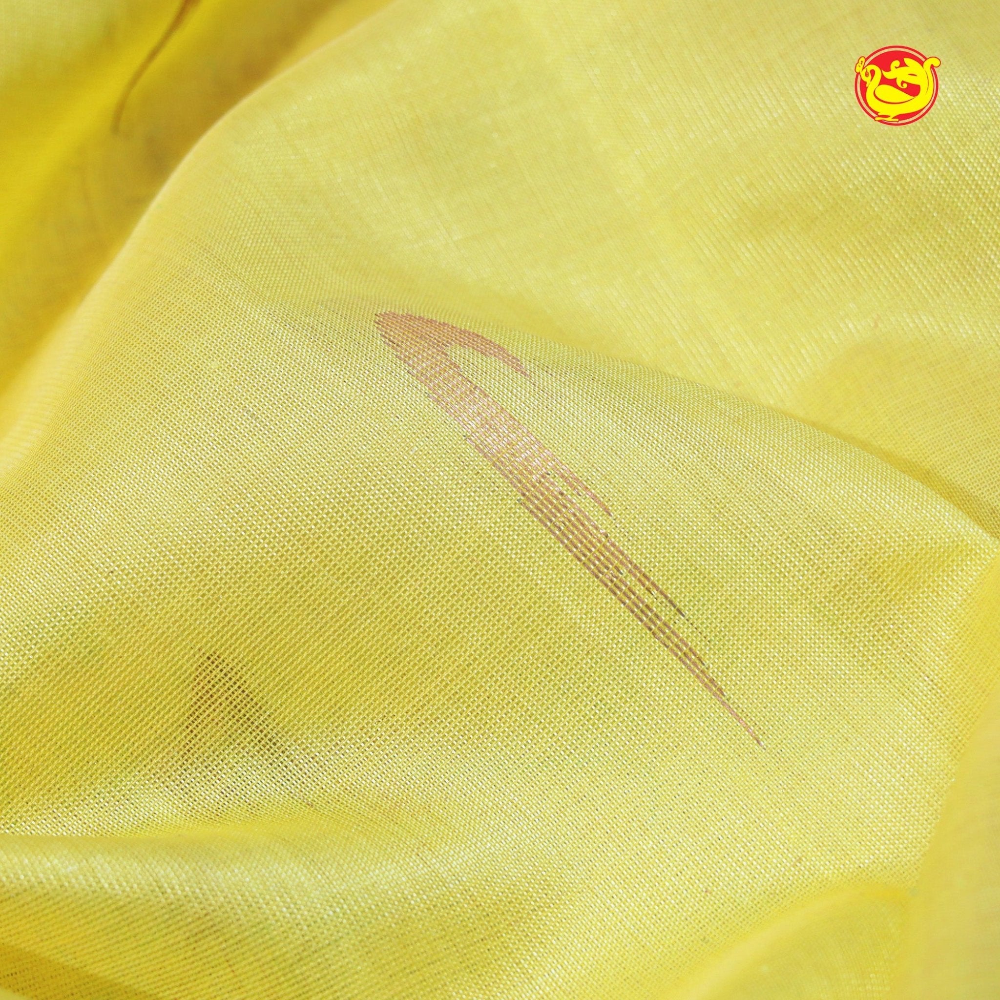 Lemon Yellow and Dark Blue With Gold Zari Floral Buttas Pure Silk Cotton Saree - Thenianantham