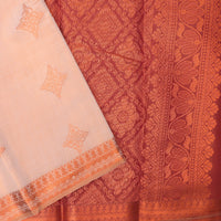 Couple Combo Tissue Silk Set – Men’s Shirt & Dhoti with Matching Women’s Saree With Coral  Colour With Copper Zari Border