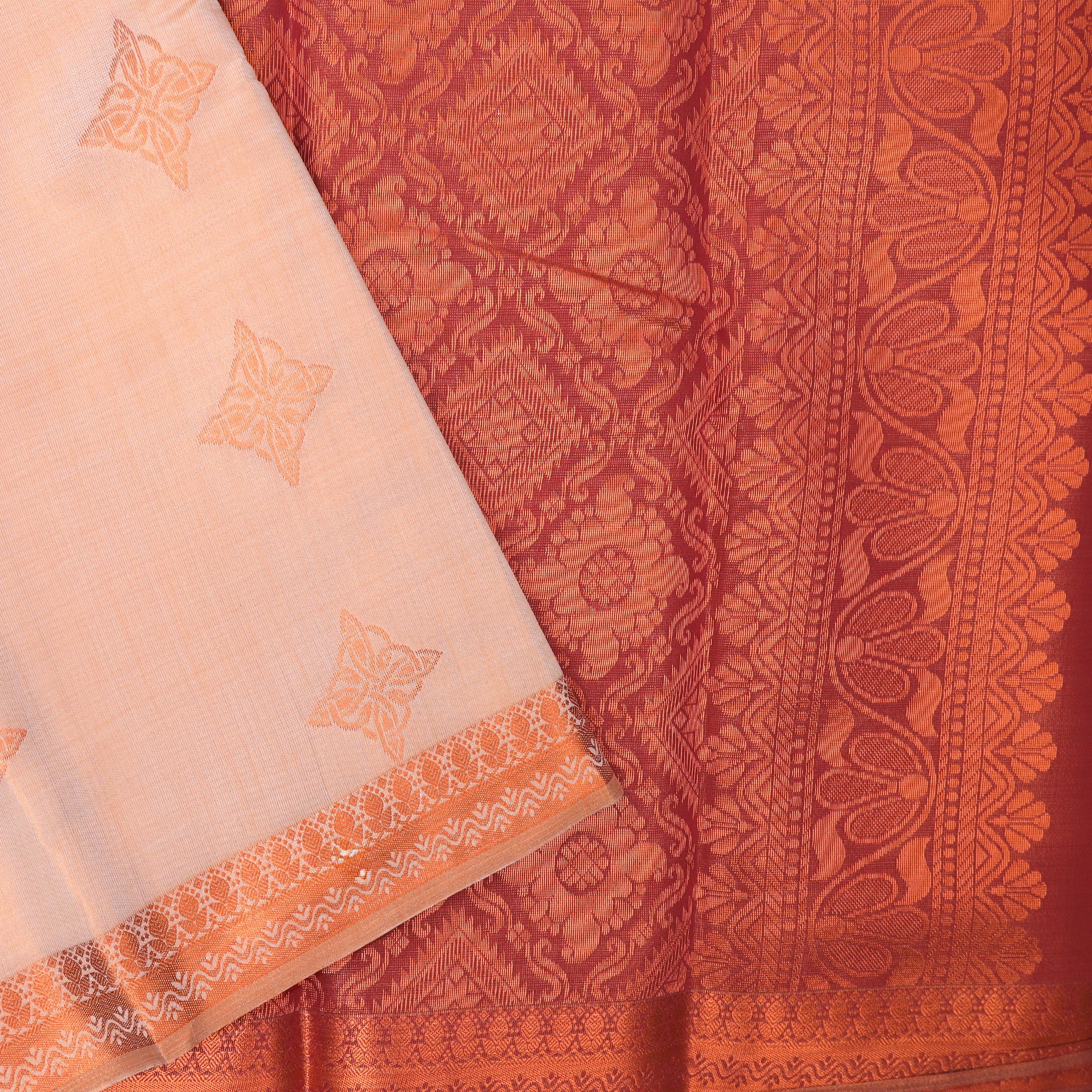 Couple Combo Tissue Silk Set – Men’s Shirt & Dhoti with Matching Women’s Saree With Coral  Colour With Copper Zari Border