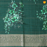 Unique Green Pure Chanderi Silk Saree with Stripes and Digital Art Floral Motifs and Gold Zari Border - Thenianantham