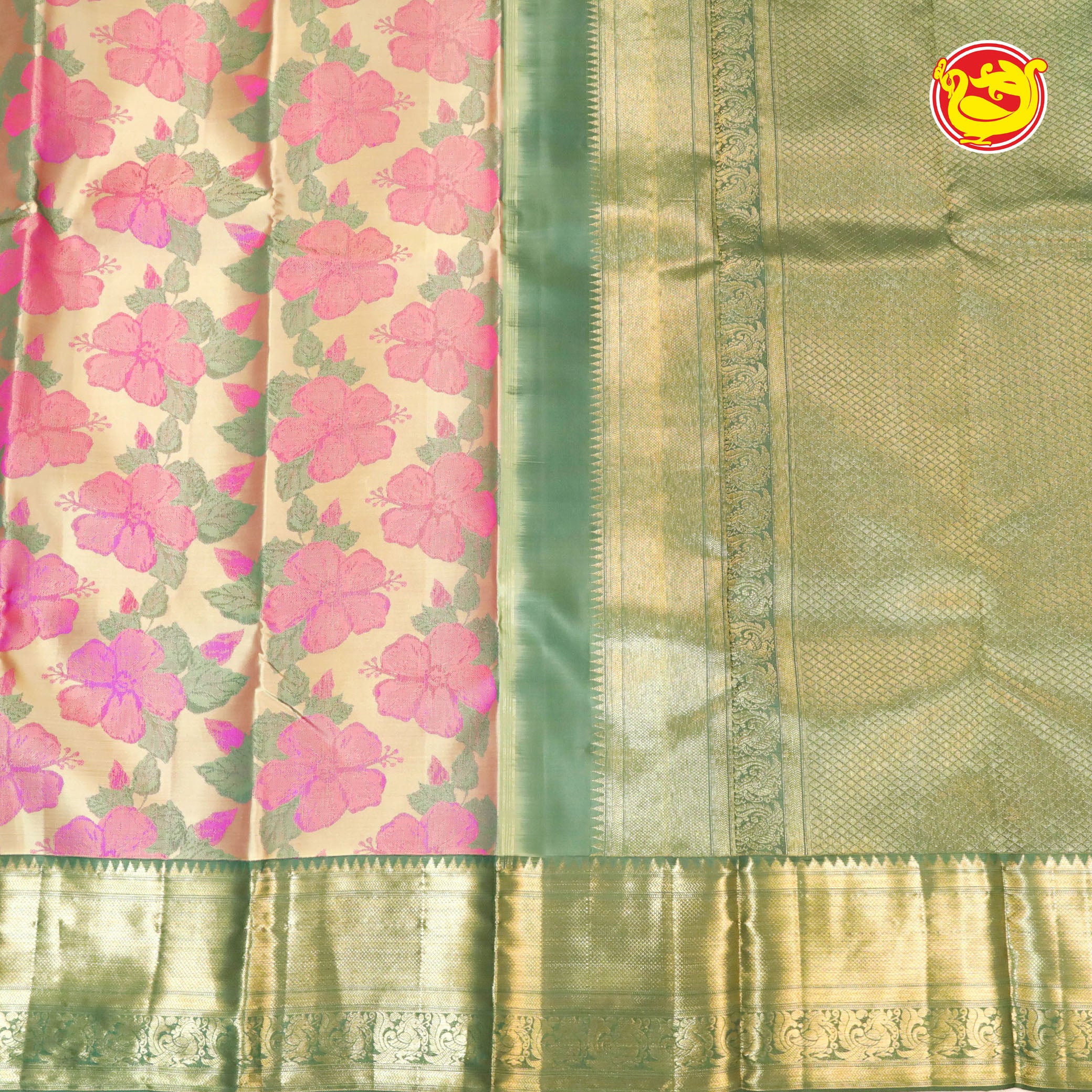 Gold colour with green pallu pure silk saree with woven floral designs