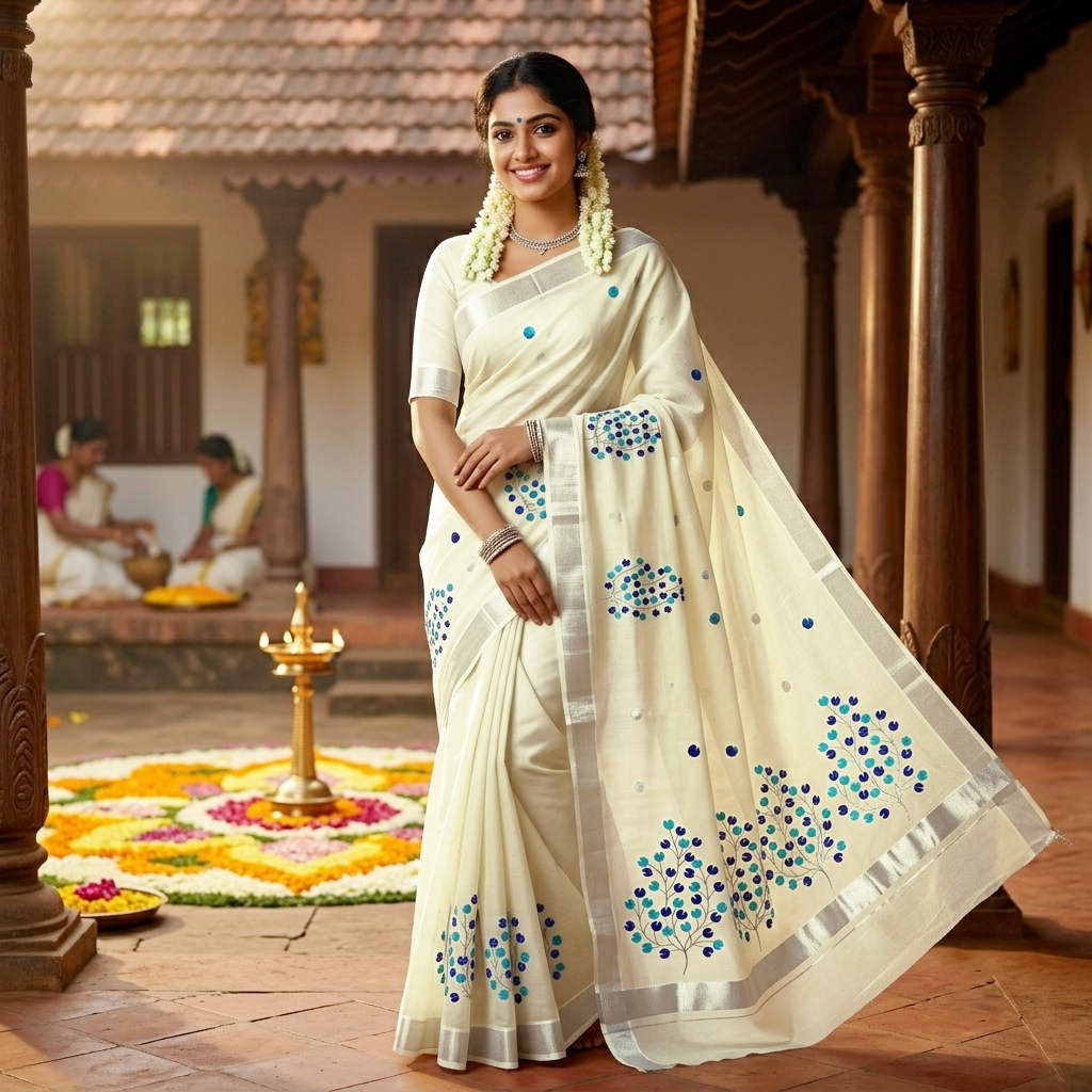 Off White With Skyblue and blue Thread Embroidery  traditional kerala onam saree