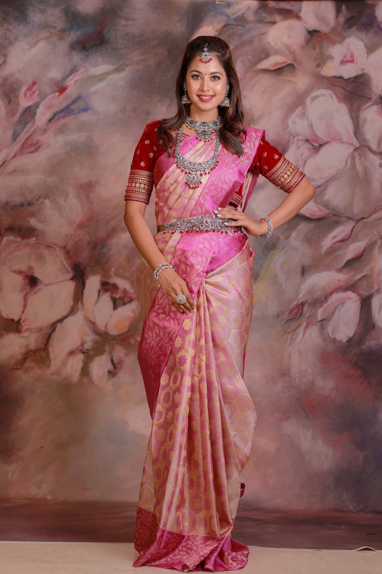 Light pink wedding silk saree
