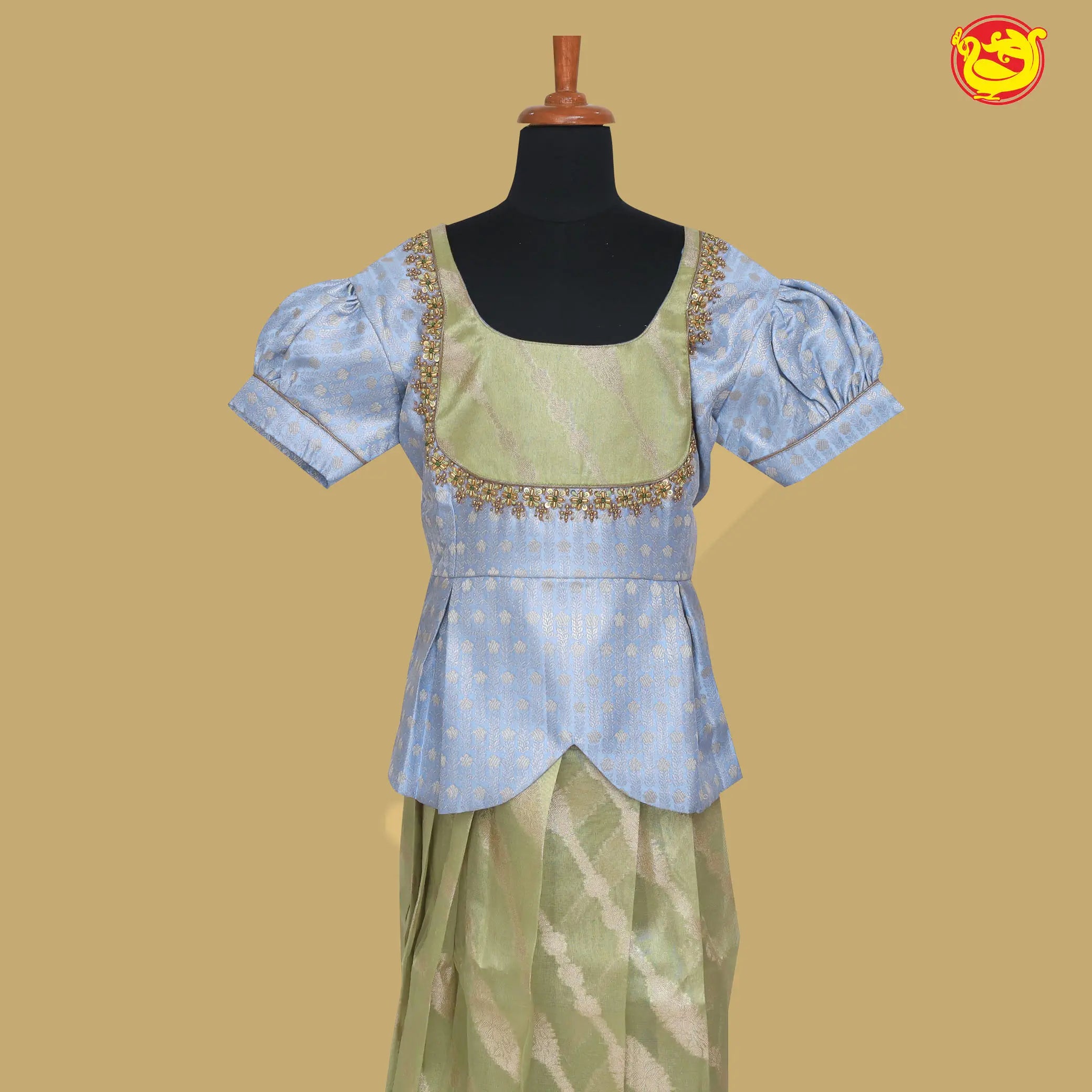 Light Grey with Green Girls Readymade Pattu Pavadai Set