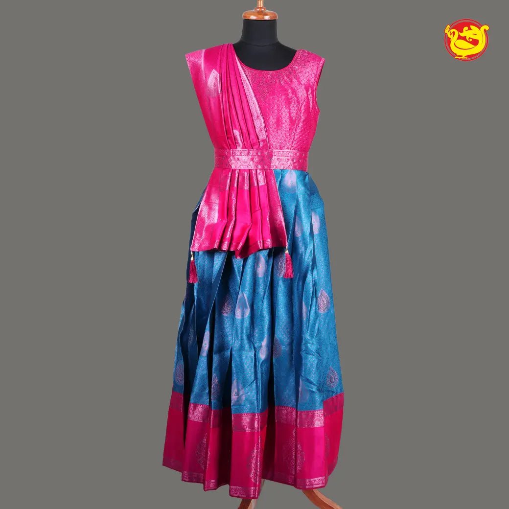 Pink with Blue Girls & Women Branded Readymade Pattu Gown