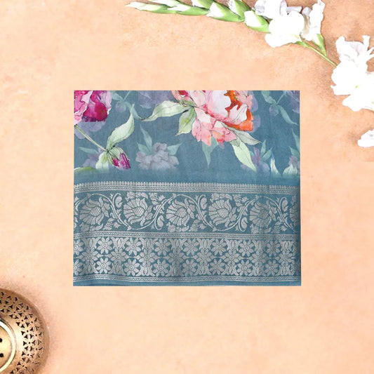 Grayish-blue with Floral Design Dola Silk Saree