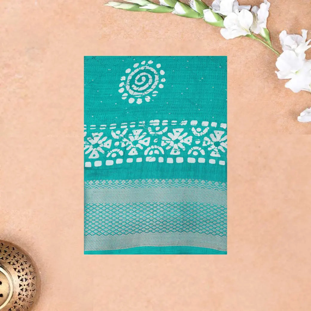 Teal green with Sequence Printed Semi Dola Silk Saree