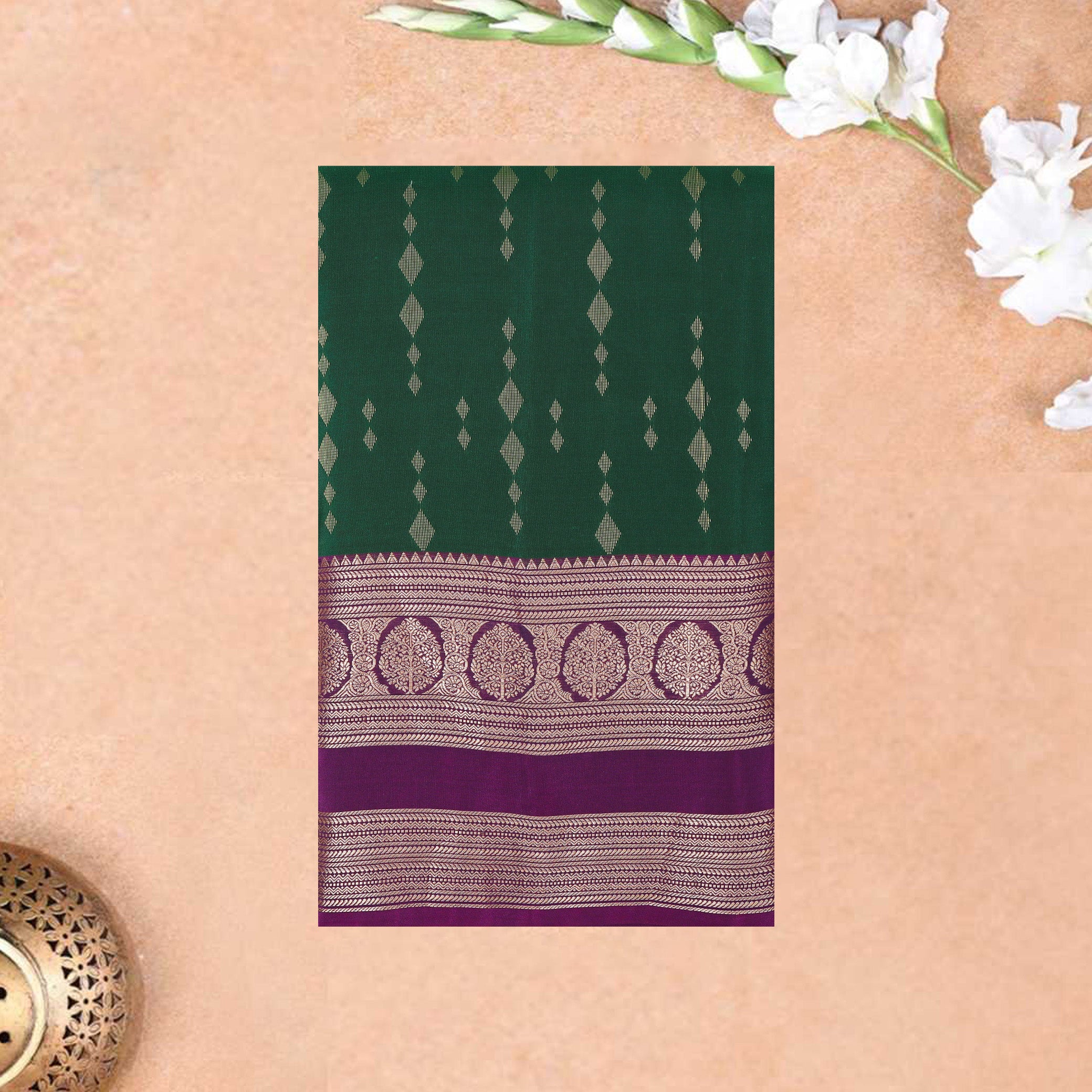Dark Green With Dark Purple Gold Zari Yuvana Semi Soft Silk Saree