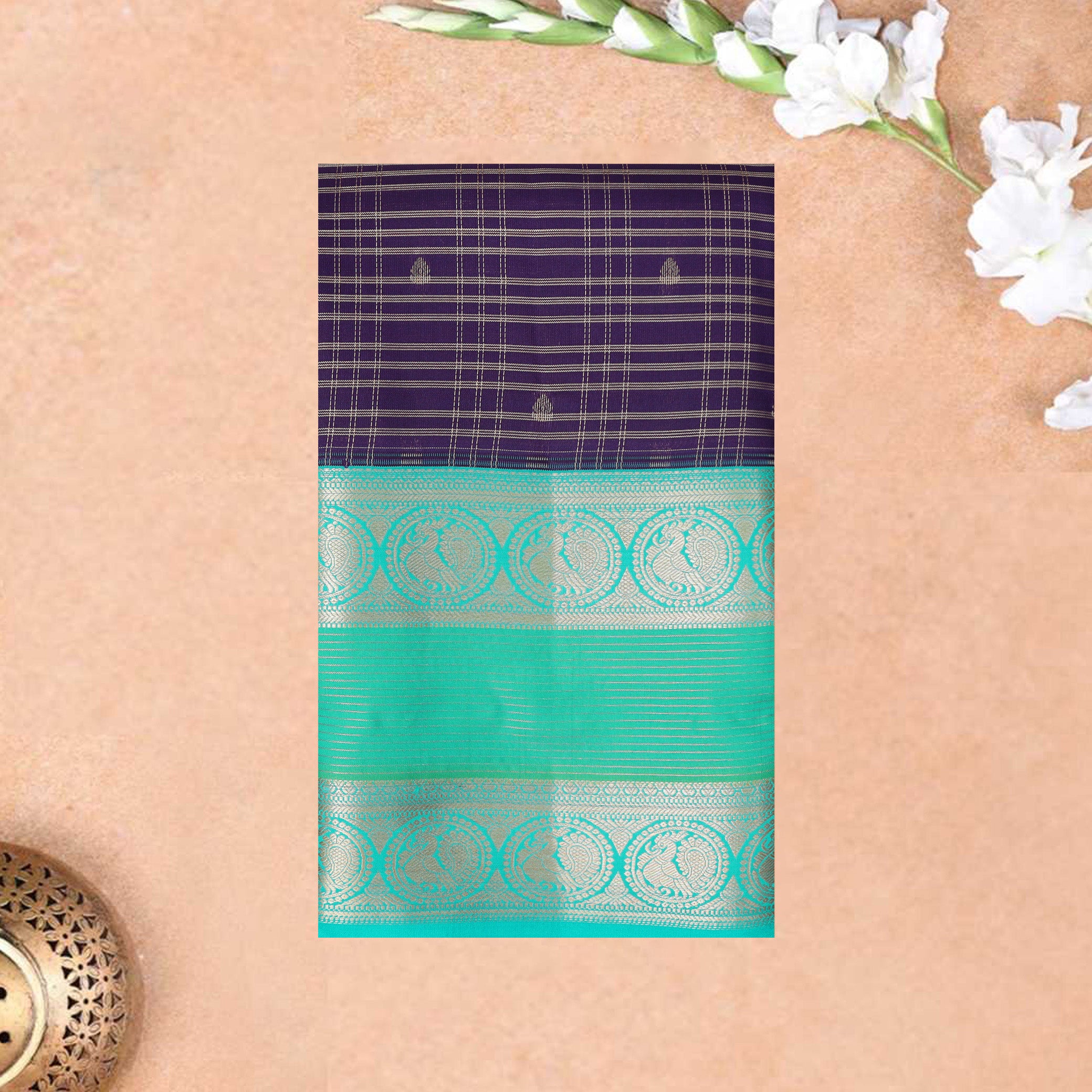 Dark Purple With Teal Green Gold Zari Yuvana Semi Soft Silk Saree