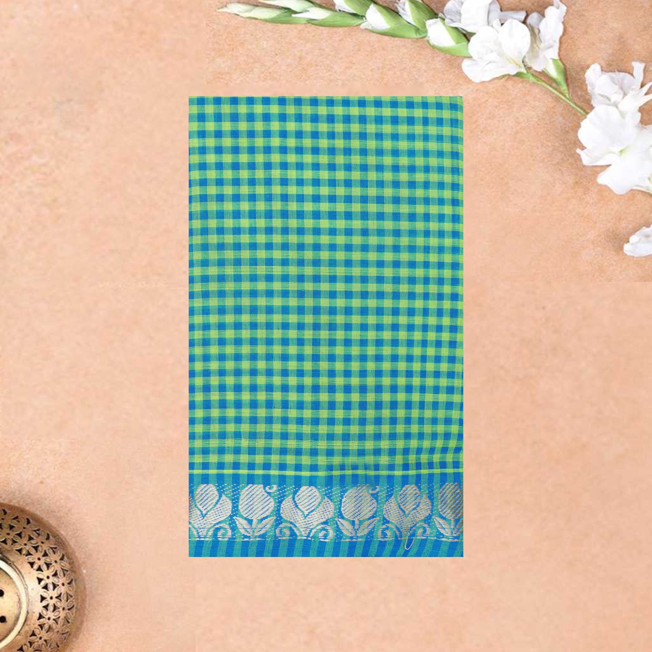 Green Colour Small Checked Pattern Pure Chettinad Cotton Saree without Blouse
