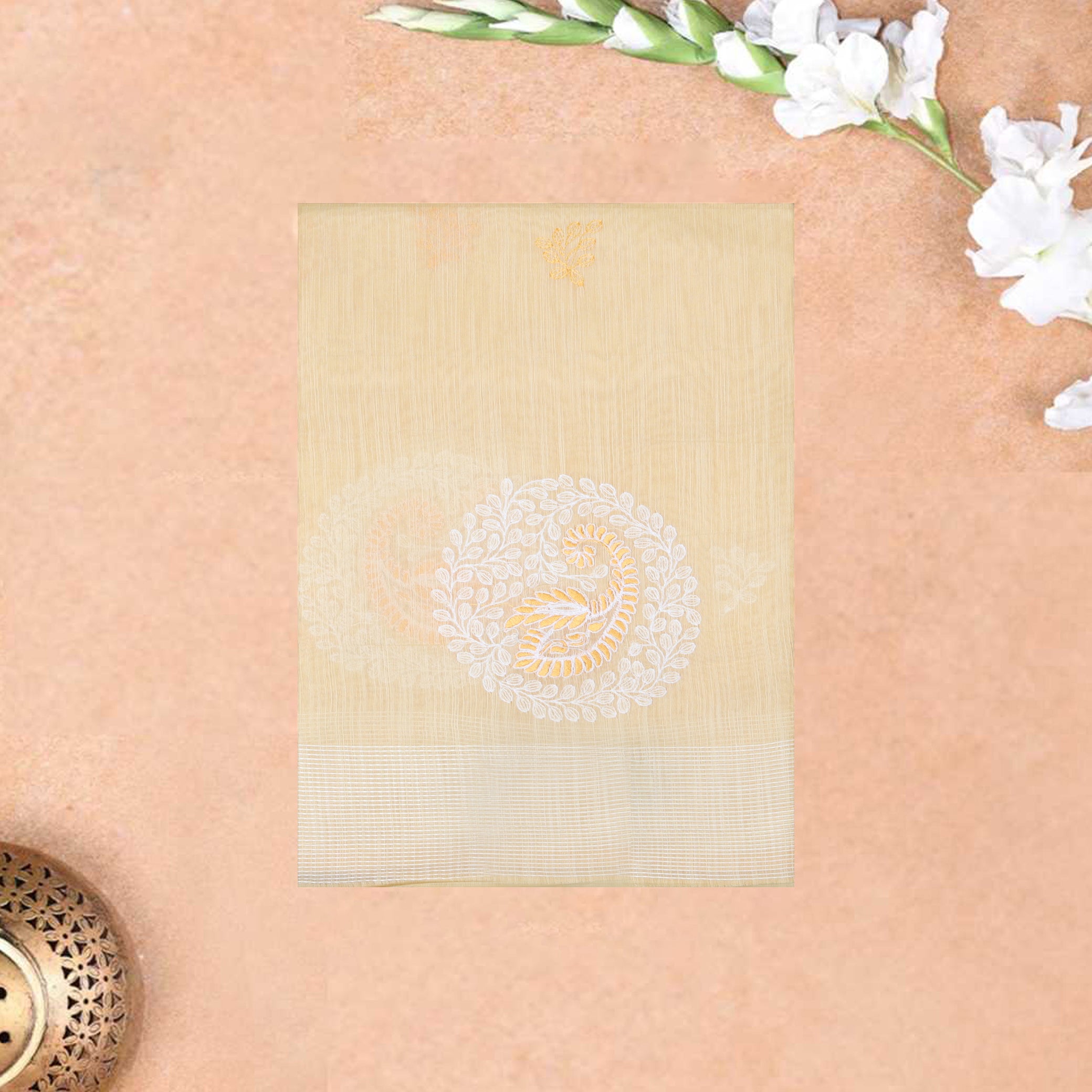 Cream Yellow Color Linen Cotton Saree