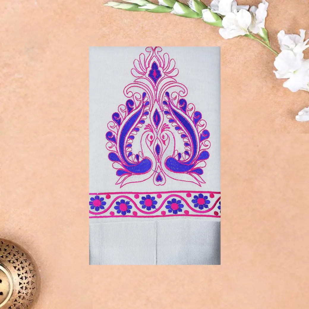 Southloom Exclusive Onam Kerala Traditional Fancy Border Floral Cotton Saree (Matching Plain Blouse Included)