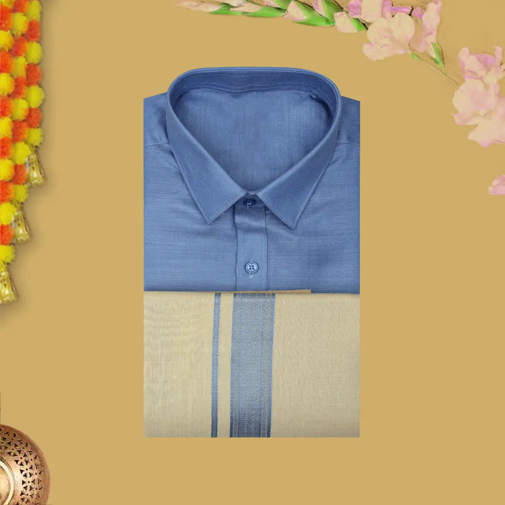 Blue With Sandel Cotton Readymade Shirt and Singel Matching Border Dhoti Set For Men