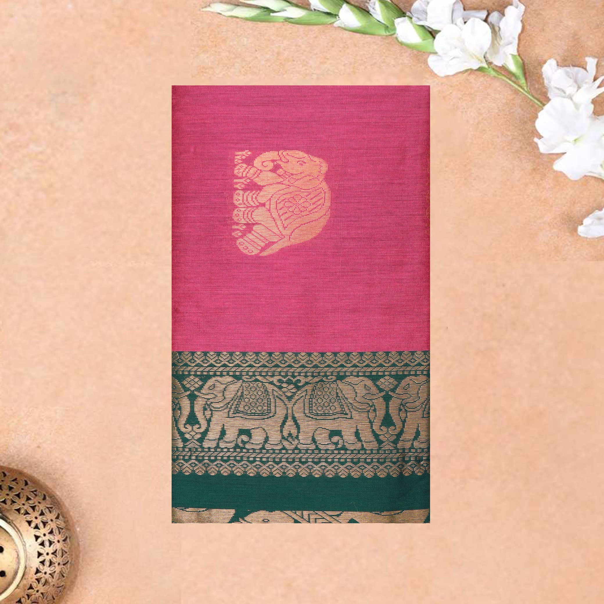 Rani Pink With Bottle Green Premium Quality Kalyani Cotton Saree