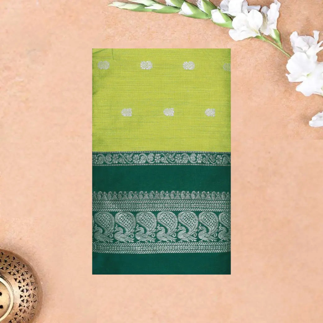 Lime Green With Bottlegreen  Premium Quality Kalyani Cotton Saree