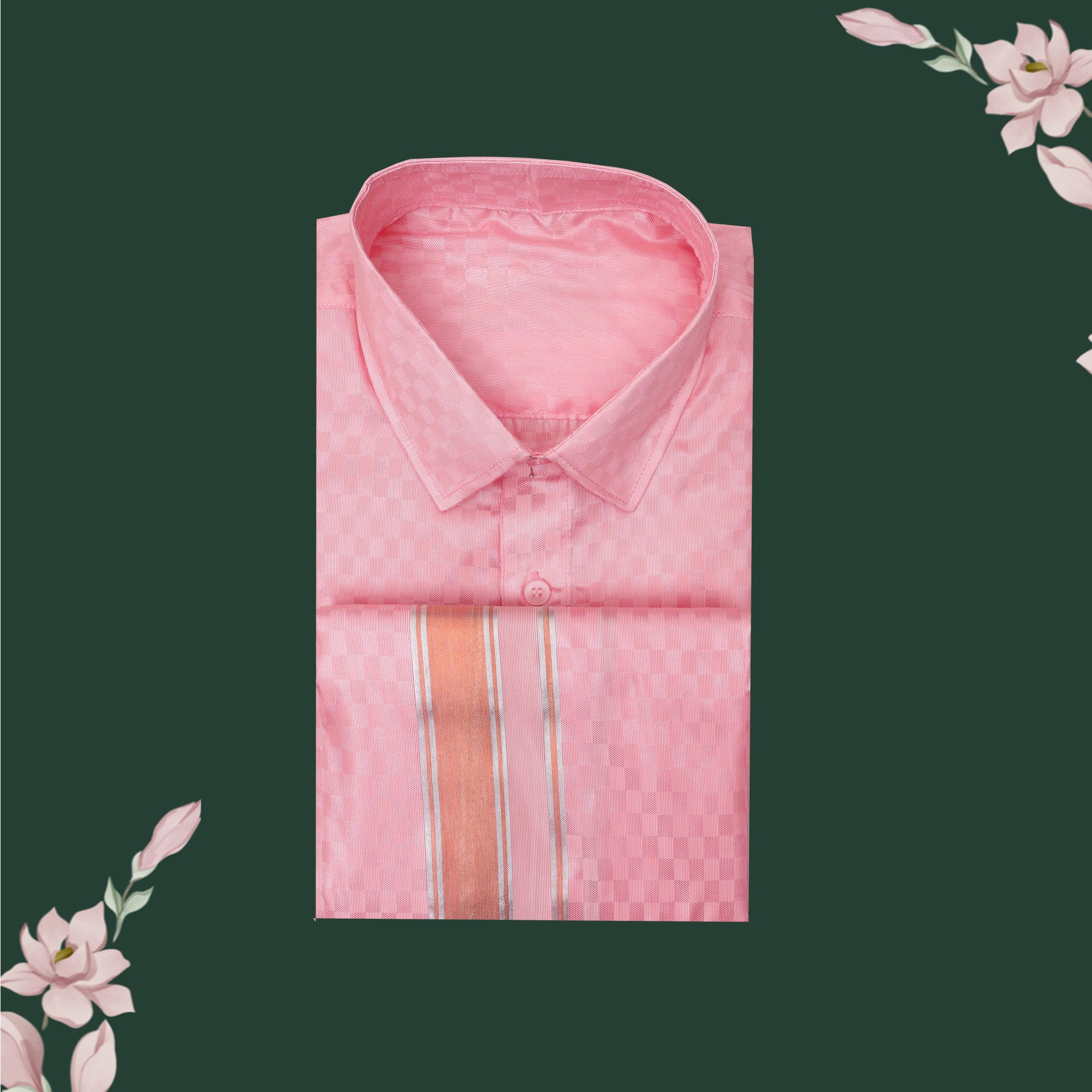 Tissue Silk  – Men’s Shirt & Dhoti Set  Pink Colour With Copper Zari Border