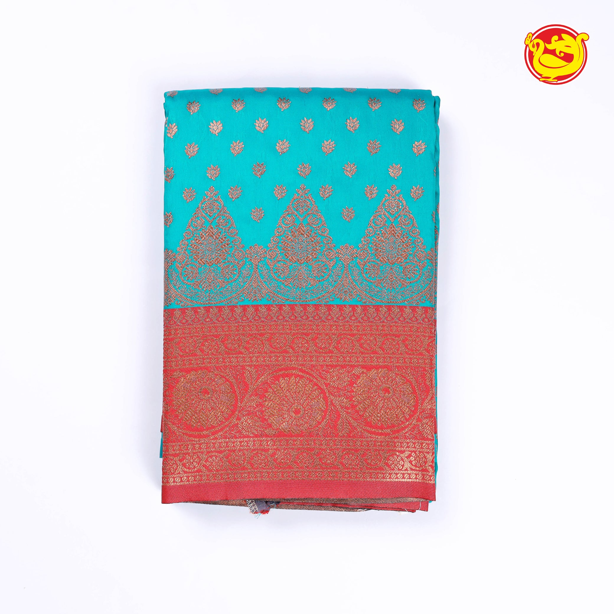 Turquoise blue with red art silk saree with full zari woven blouse