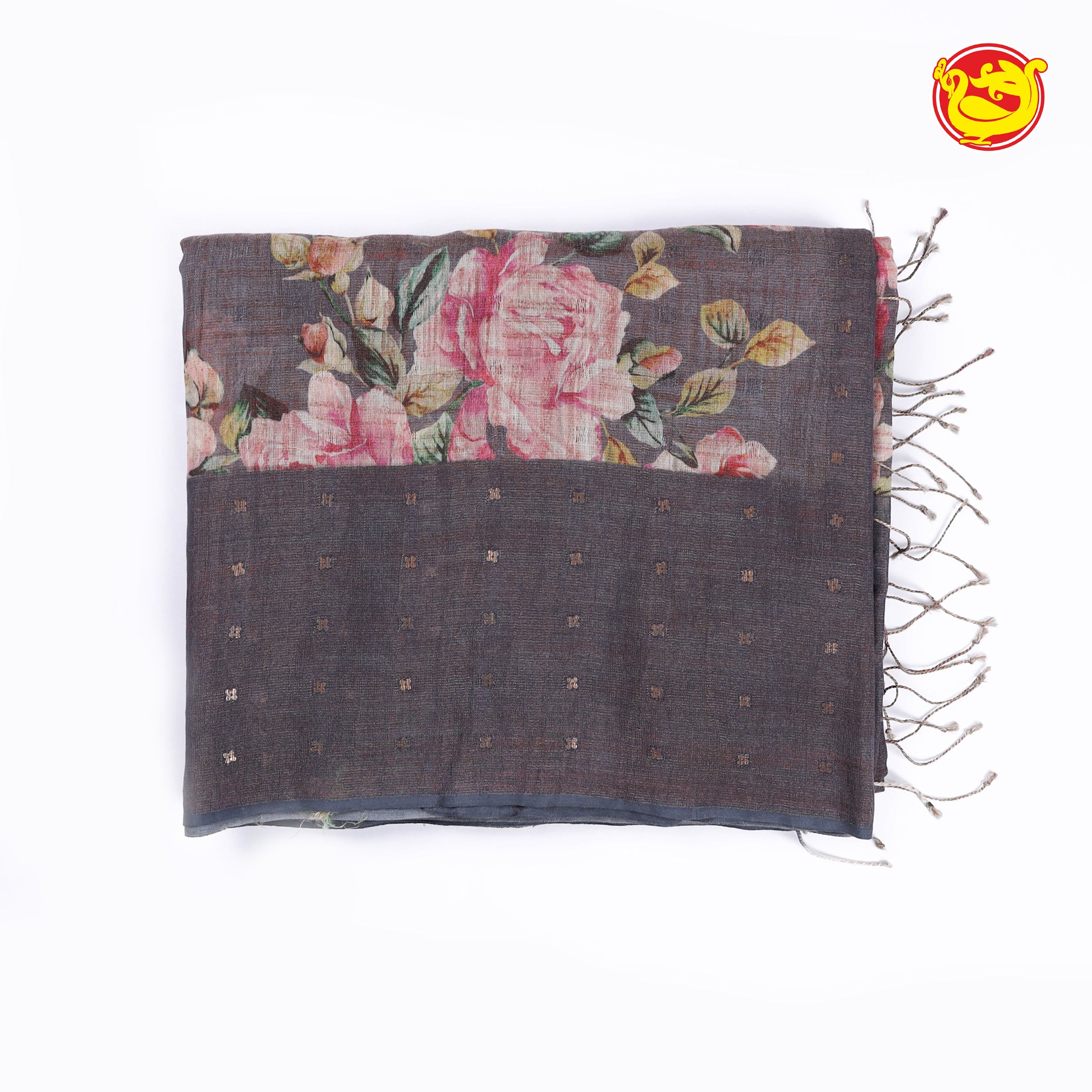 Grey tissue saree with floral digital prints and sequence weaving