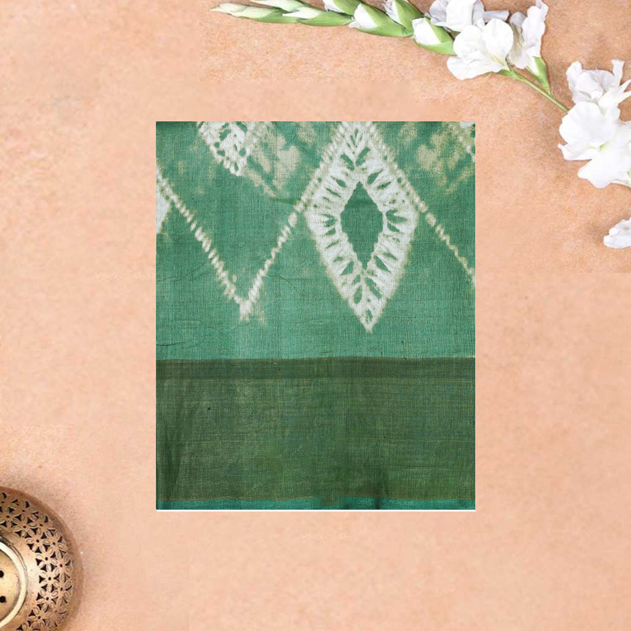Pure Tussar Silk Saree Green With Floral Design and Painted Prints and Zari Woven Border