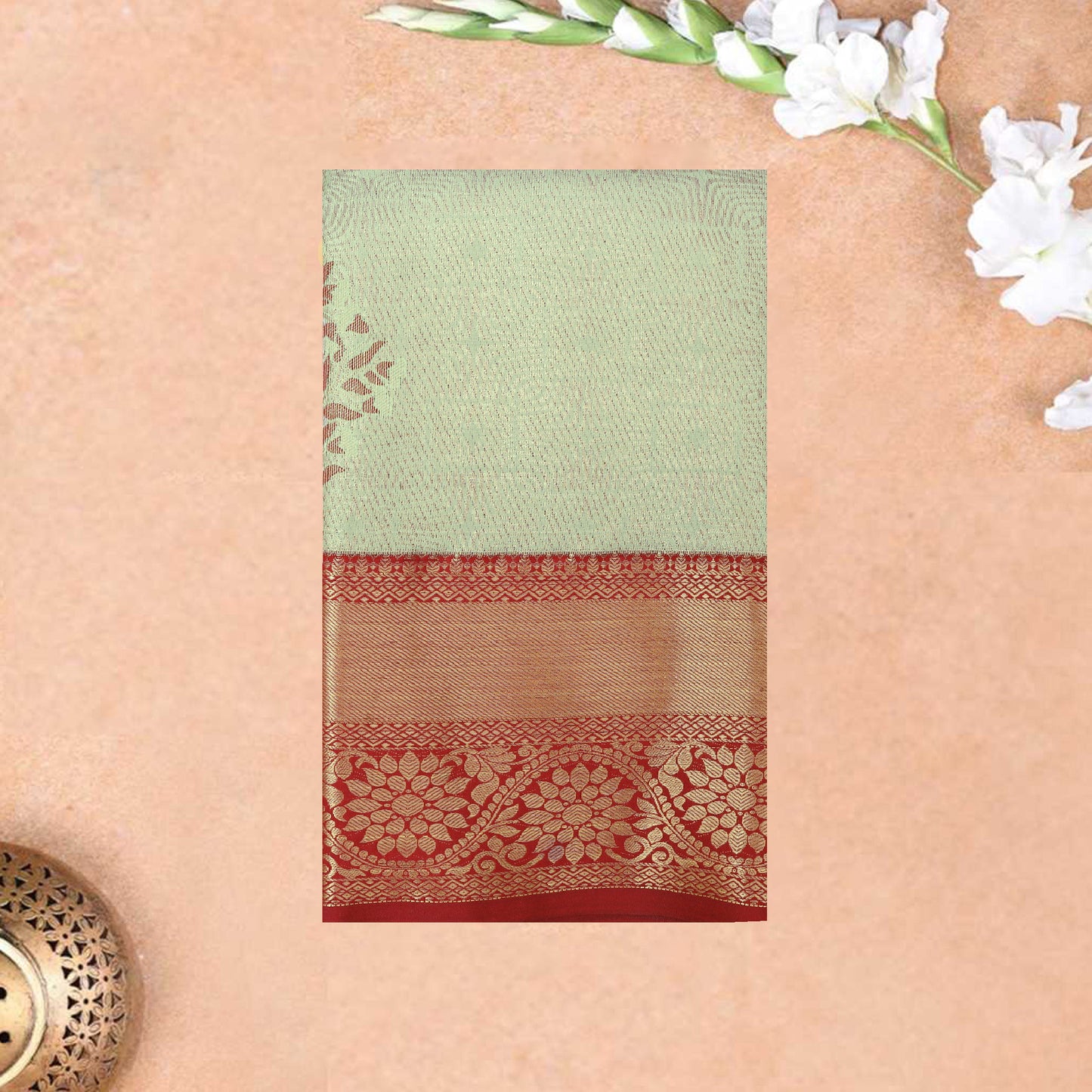Pale Green  with Dark Red Floral Design Tissue Silk Saree