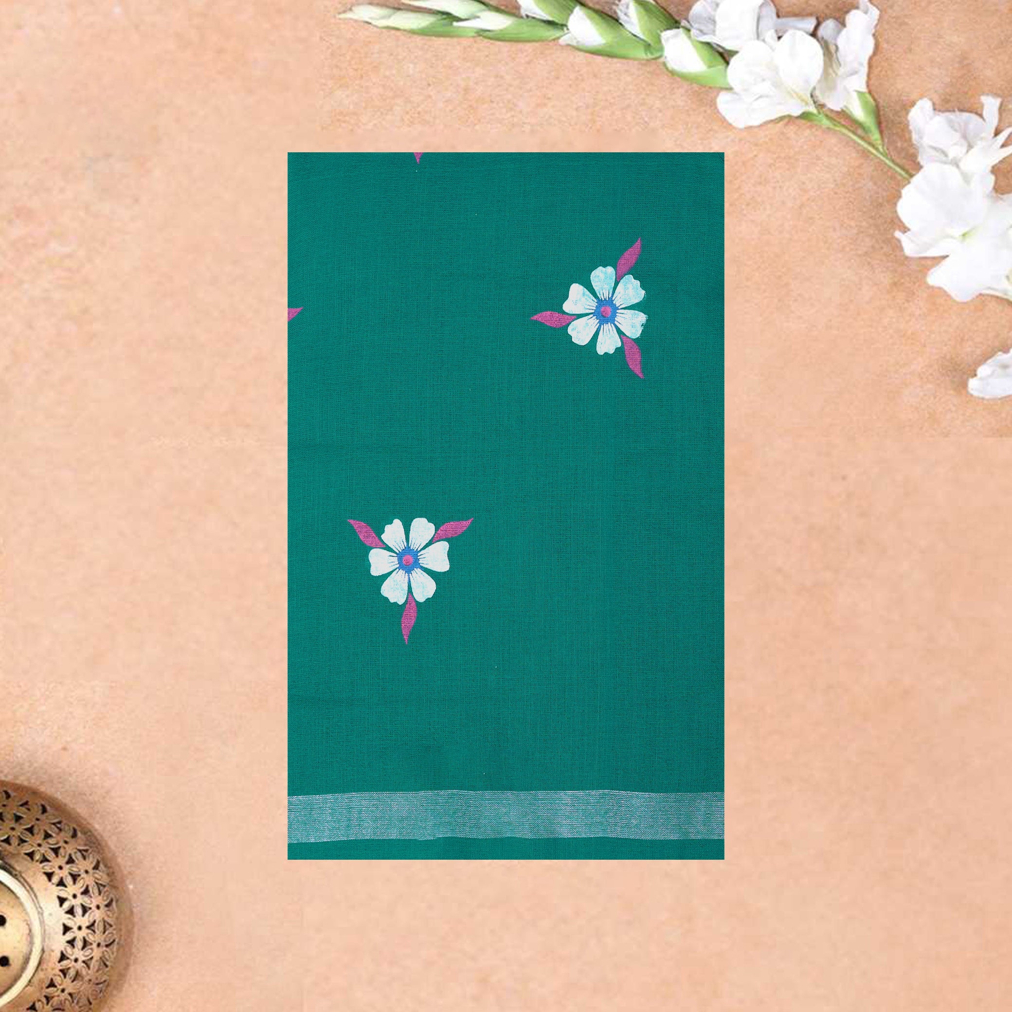 Green Linen Cotton Saree with Contrast Blouse