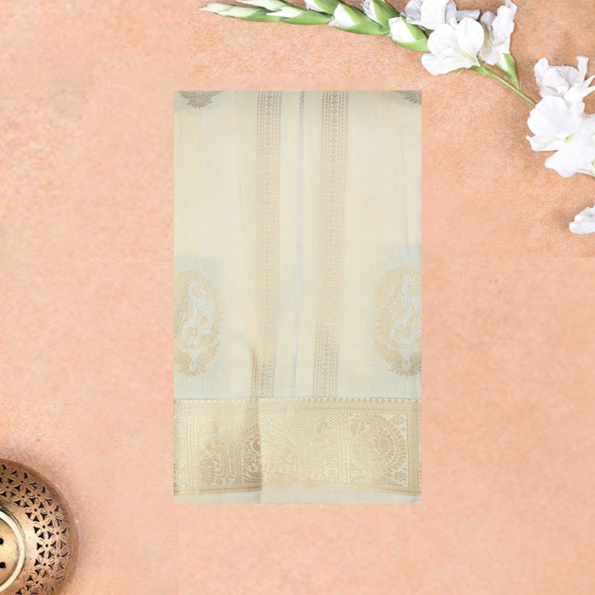 Cream Color Gold Zari Border Yuvana Semi Soft Silk Saree