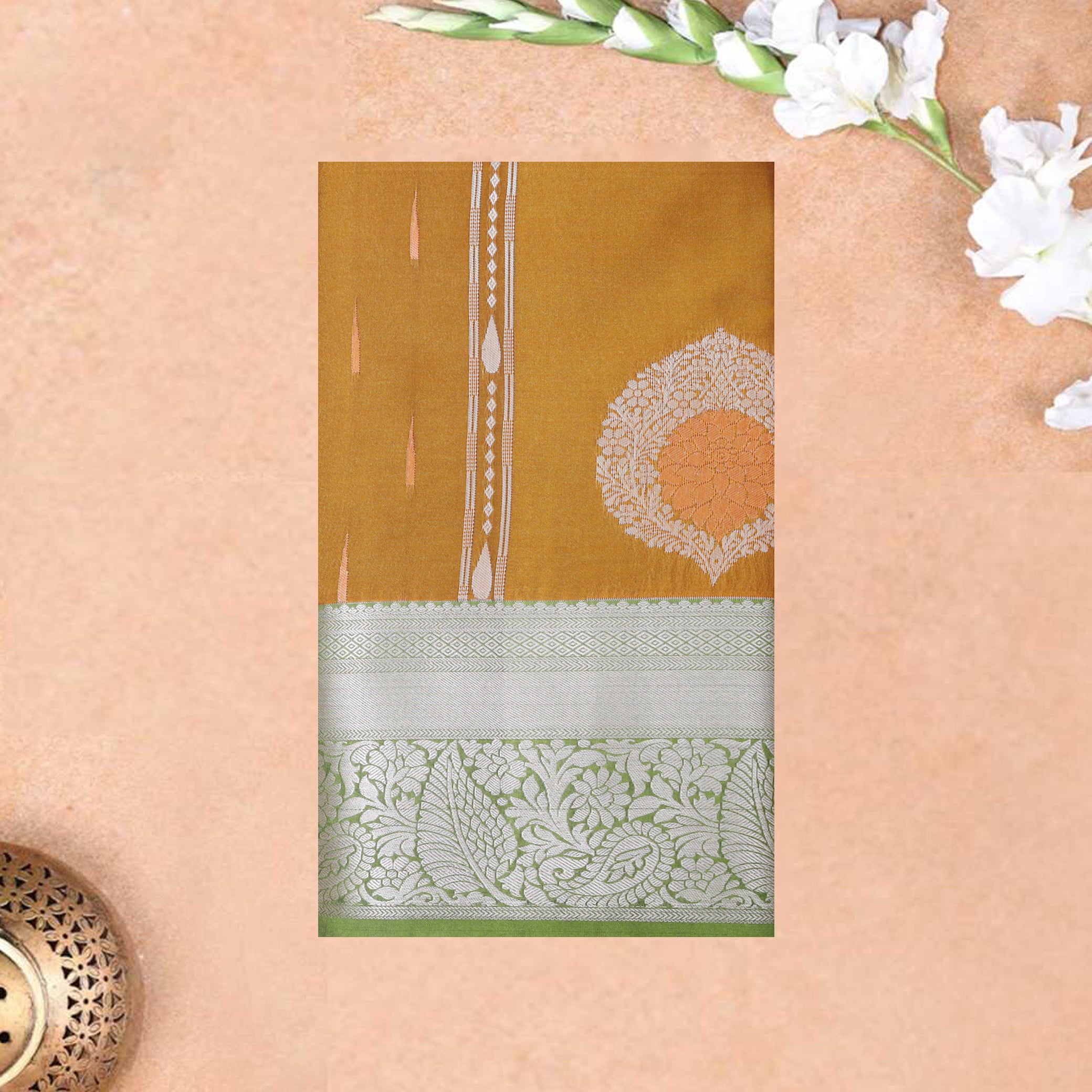 Caramel with Lime Green Soft Silk Saree