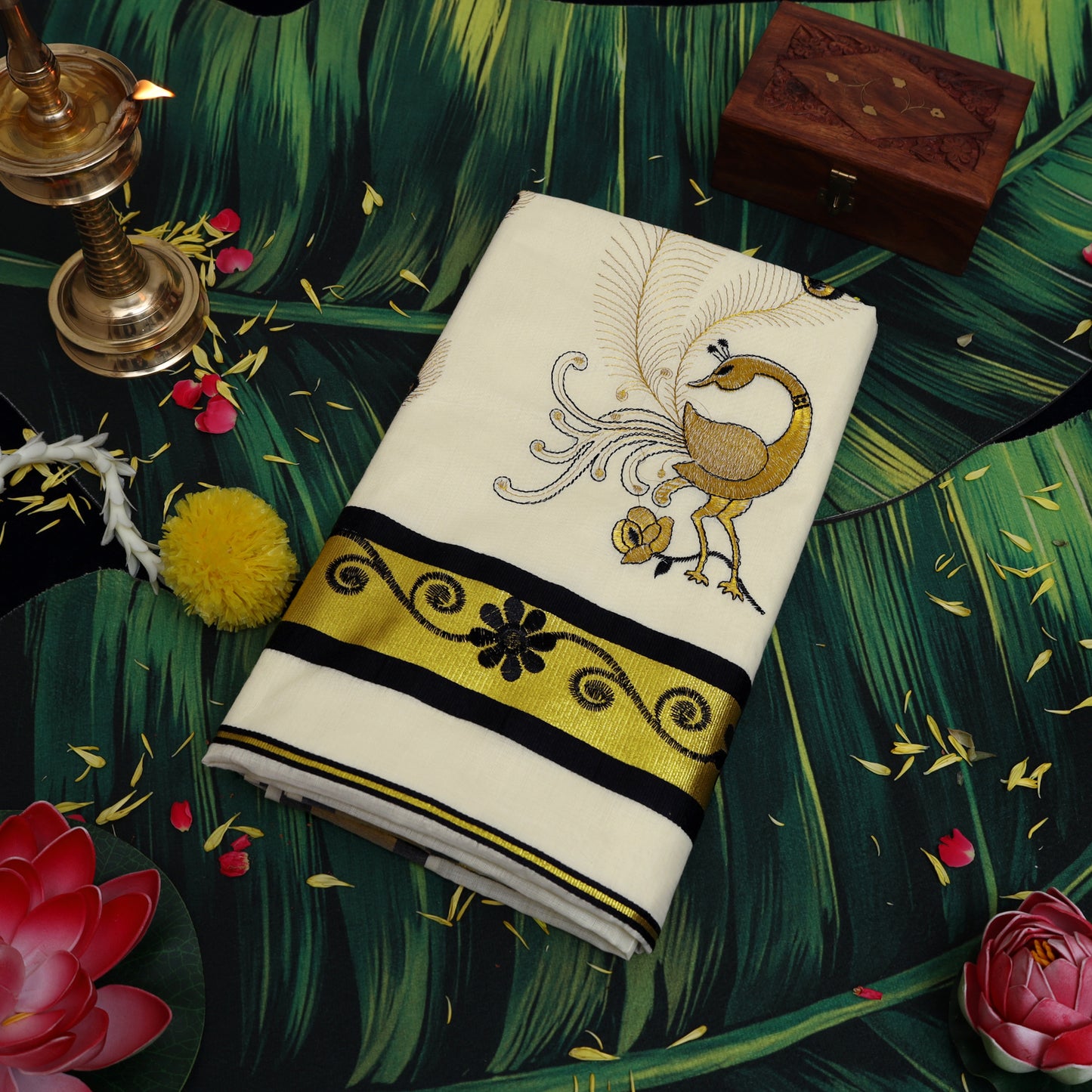 Off White With Black golden- Threaded Peacock Embroidery traditional kerala onam saree