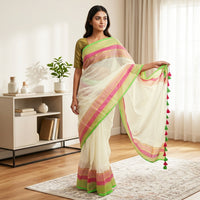 Off White With Multi Colour  Mul Mul Cotton Saree